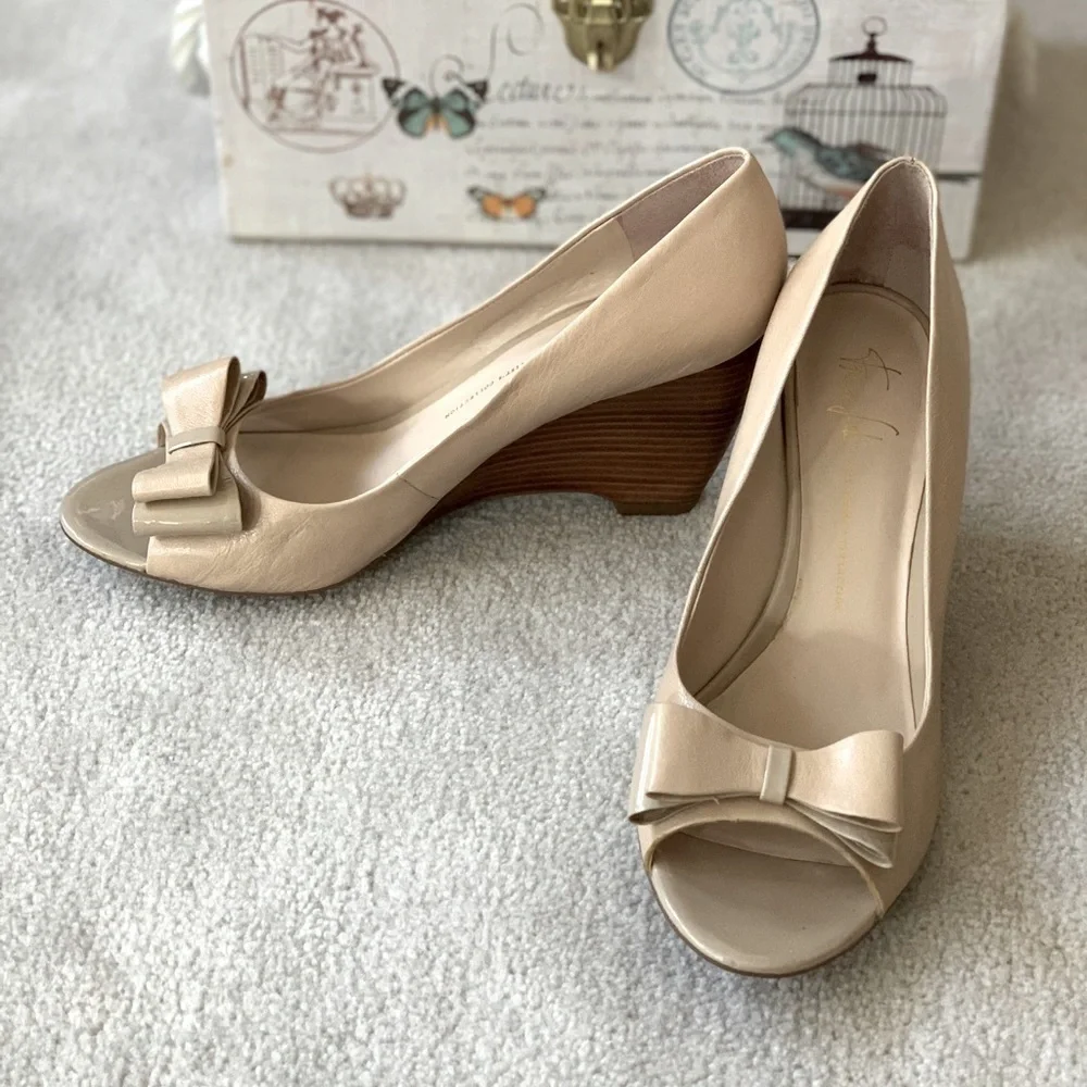 FRANCO SARTO bow peep toes wedges, the artist's collection, A-Hetty Cream 9.5